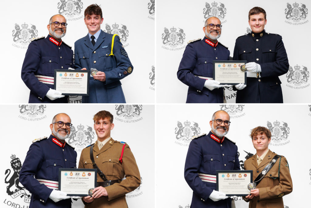 Clockwise from top left: Cadet Flight Sergeant Ewan Glossop, Cadet Lance Corporal Simon Simukaitis, Cadet Sergeant James Hargreaves and Cadet Sergeant Thomas Greaves with Mohammed Saddiq, Lord-Lieutenant of Somerset, following their appointment as Lord-Lieutenant Cadets.