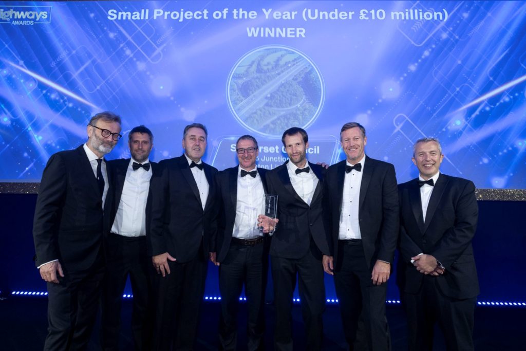 Somerset Council and project partners collect the Highways Award for the M5 Junction 26 Chelston Link project.