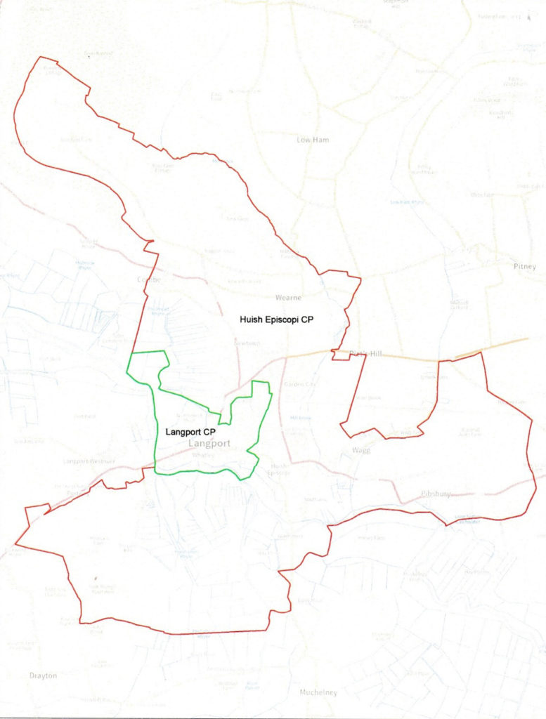 Map showing the boundaries of Huish Episcopi and Langport parishes and the proposed new combined parish area.