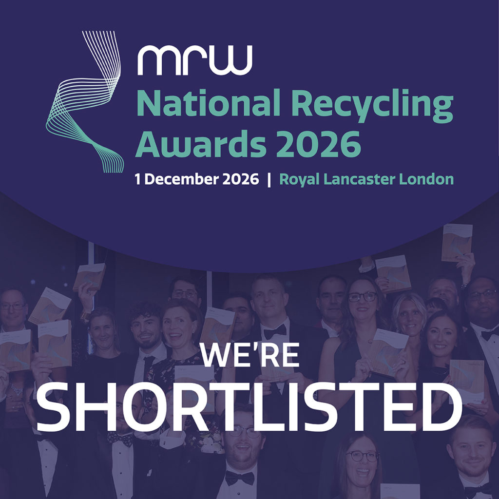 Graphic promoting the MRW National Recycling Awards 2026, with a shortlisted announcement over an awards ceremony image.