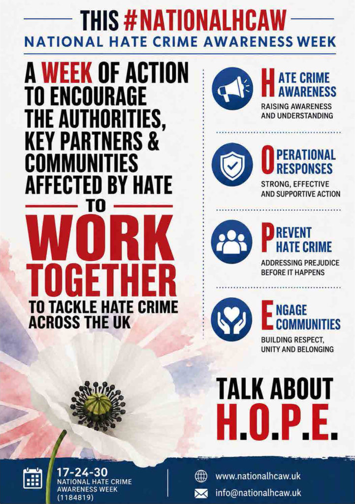 National Hate Crime Awareness Week poster encouraging communities to work together to tackle hate crime and talk about HOPE.