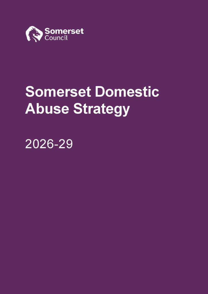 Cover of the Somerset Domestic Abuse Strategy 2026–2029 document, featuring Somerset Council branding and title on purple background.