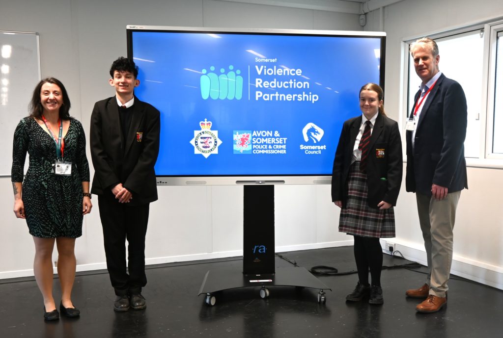 Left to right: Emmaline Kay, Community Safety Manager; Kieran and Ruby, students at Haygrove School and Somerset Youth Parliament members; Mark Matthews, Director of Collaborate Digital.
