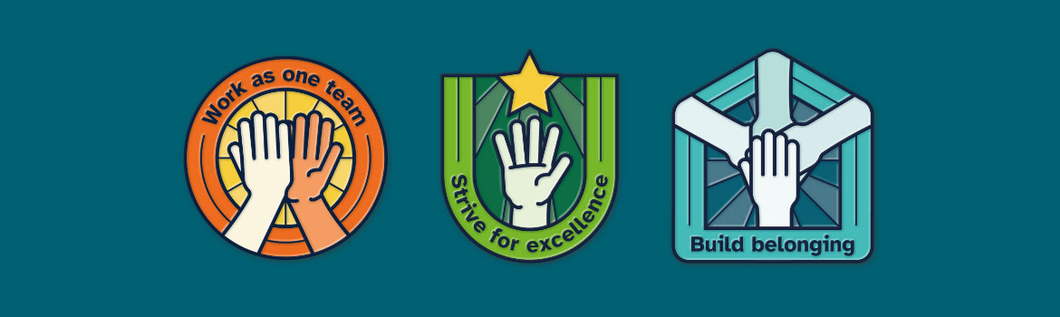 Somerset Council employee value logos. Work as one team, Strive for excellence, Build belonging.